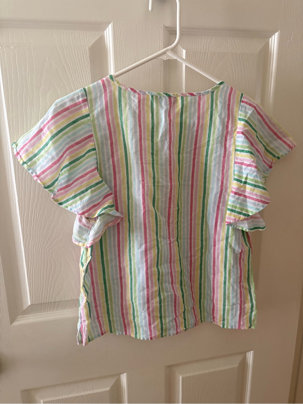 Multicolor Linen Cotton Blend Rainbow Stripe Ruffle Sleeve Keyhole Top